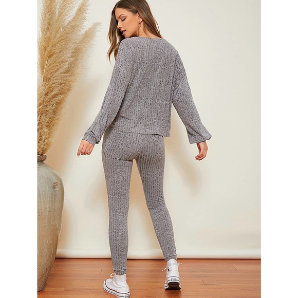 🌟2 piece set: ribbed knit Marled long sleeve Top & Knot Waist Leggings Set gray - Picture 2 of 5